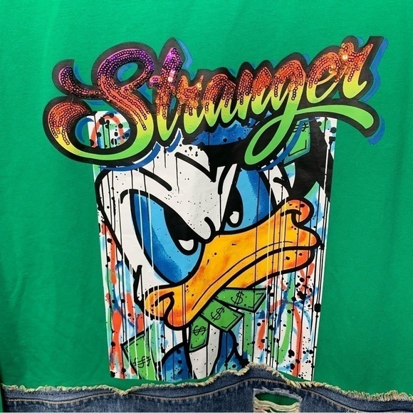 Kuhan KU Dsgn Jersey Sweater Sz L Green Stranger Mean Duck Money Graphic Denim - Picture 3 of 10